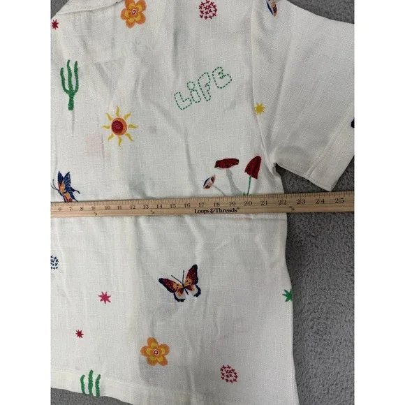 Malibu Shirt Mens Medium Ecru Button Up Lightweight Embroidered Butterflies Life - Picture 8 of 11